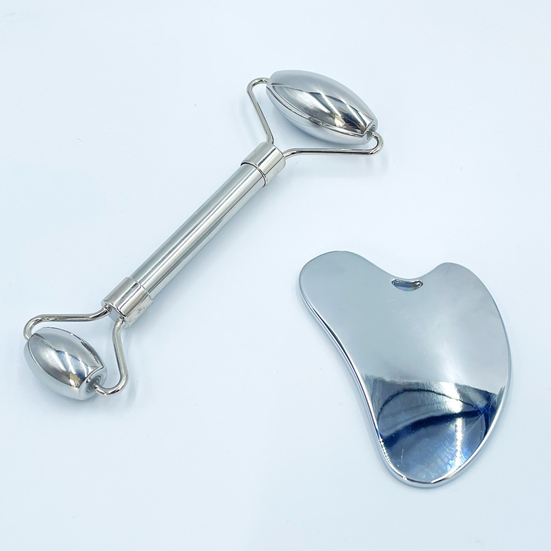 Relaxe e alivie a dor com a Massagem Corporal de Rolo de Gua Sha, de aço inoxidável.